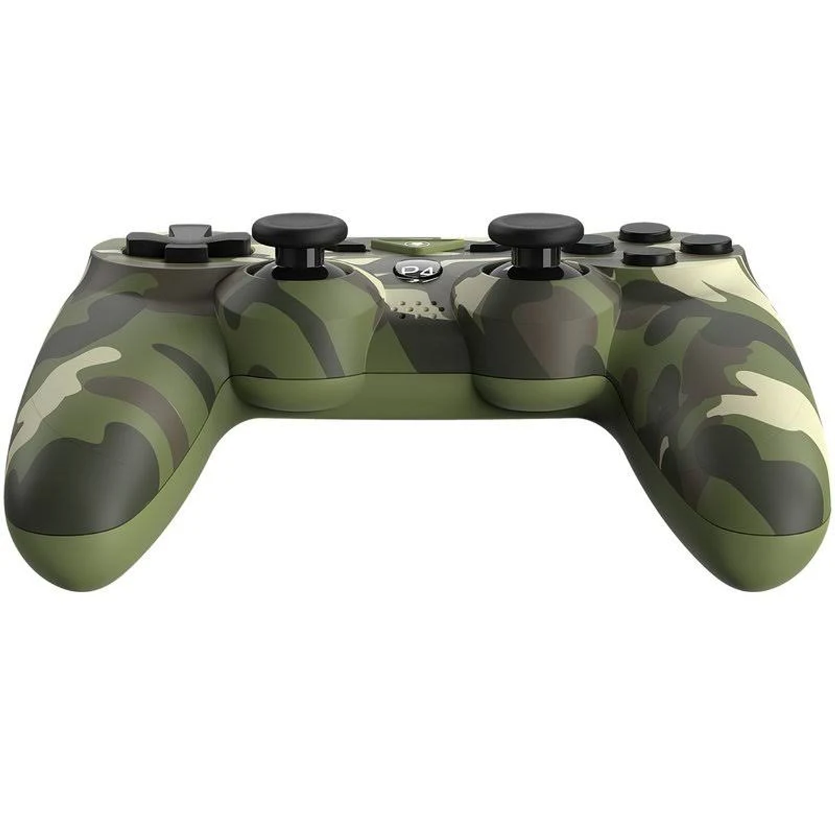 Un mando de juego con patrón de camuflaje. Tiene palancas y botones negros. La combinación de colores incluye verde, marrón y beige.