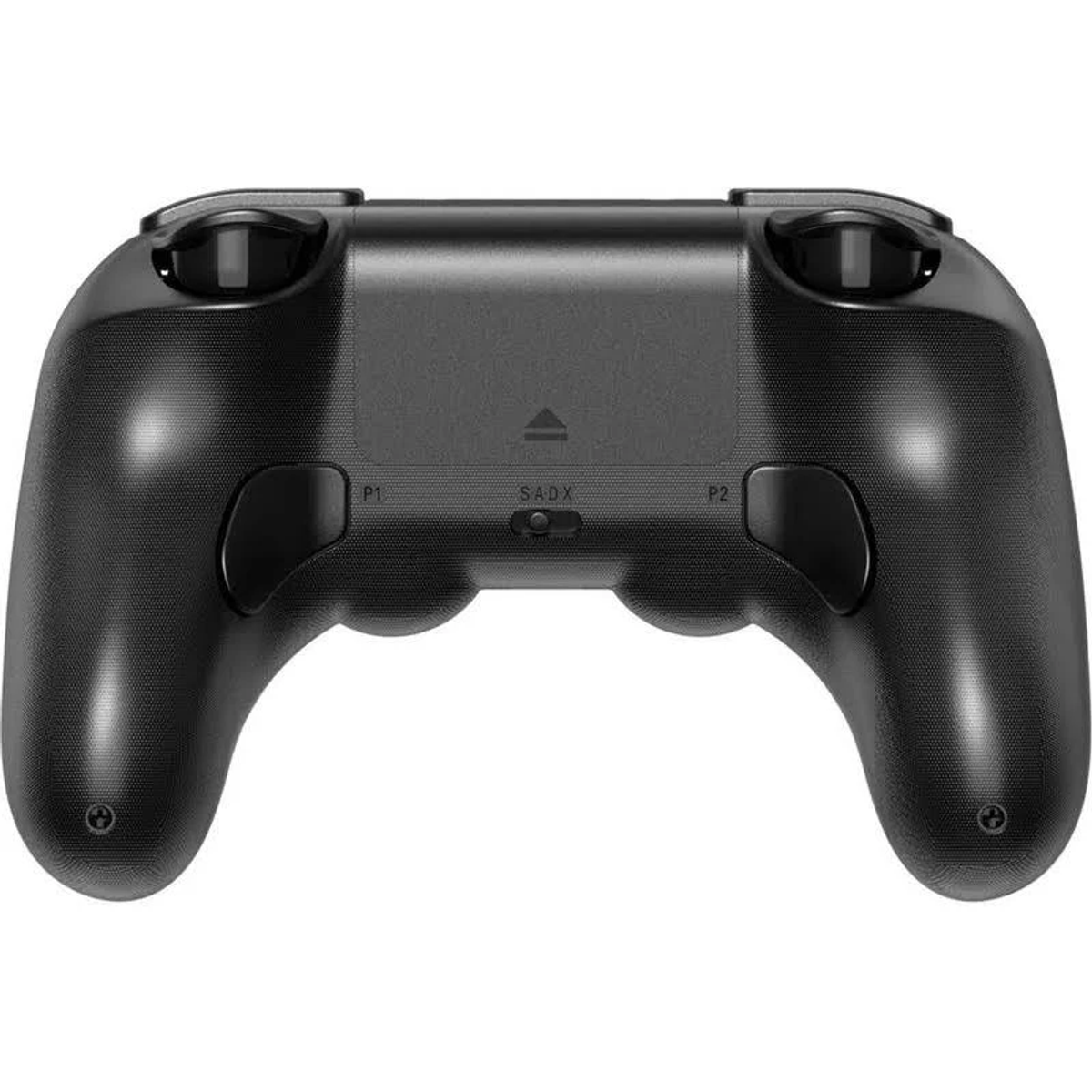 Un gamepad nero, visto da dietro. Ha due joystick, pulsanti e un pannello centrale con segni.