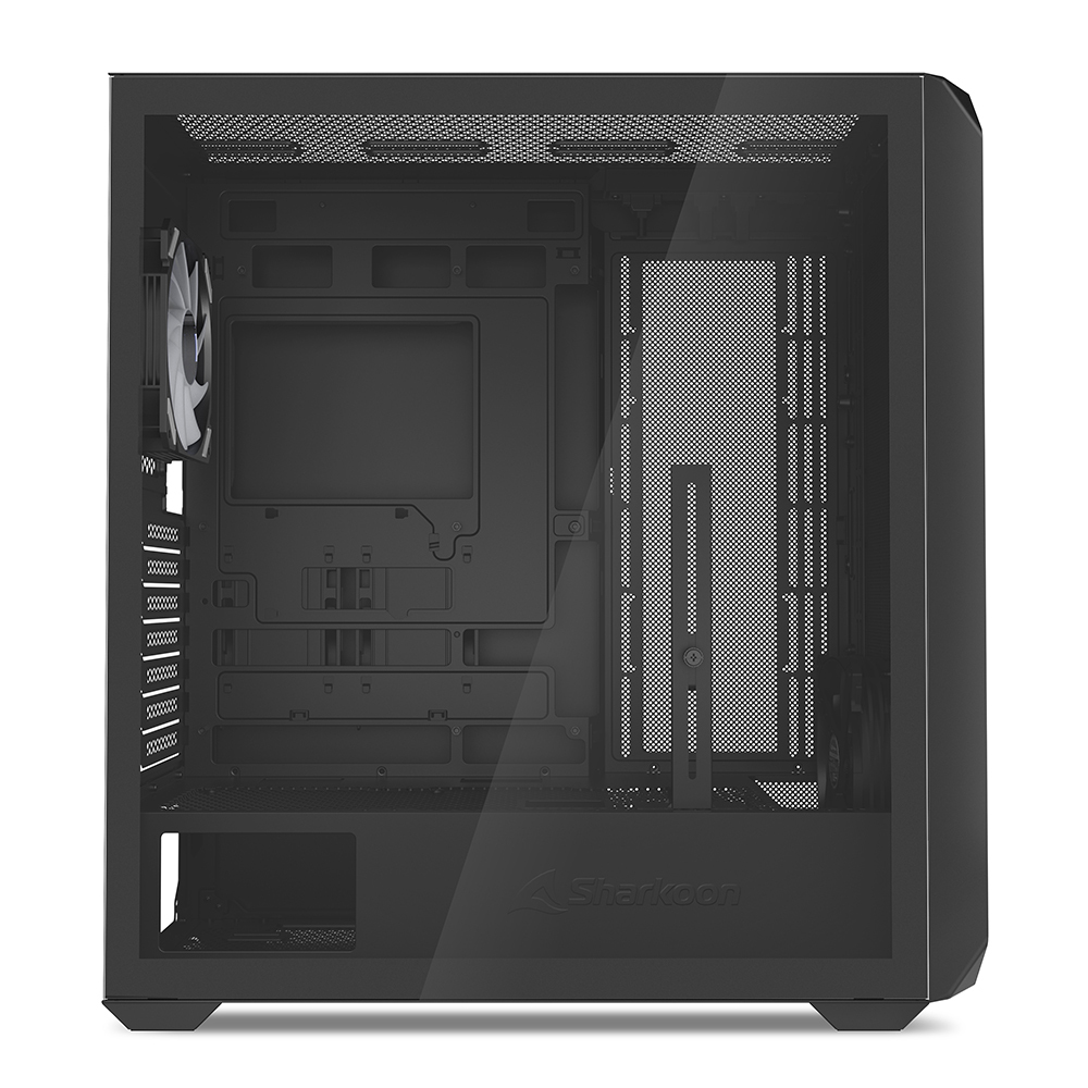 Case per computer nero con pannello laterale in vetro. All'interno, una ventola, vari scomparti e il logo Sharkoon sono visibili.