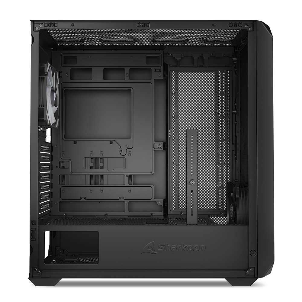 Un case per computer nero, aperto con componenti interni visibili. Caratteristiche: ventola, mesh e logo Sharkoon. Interno vuoto.