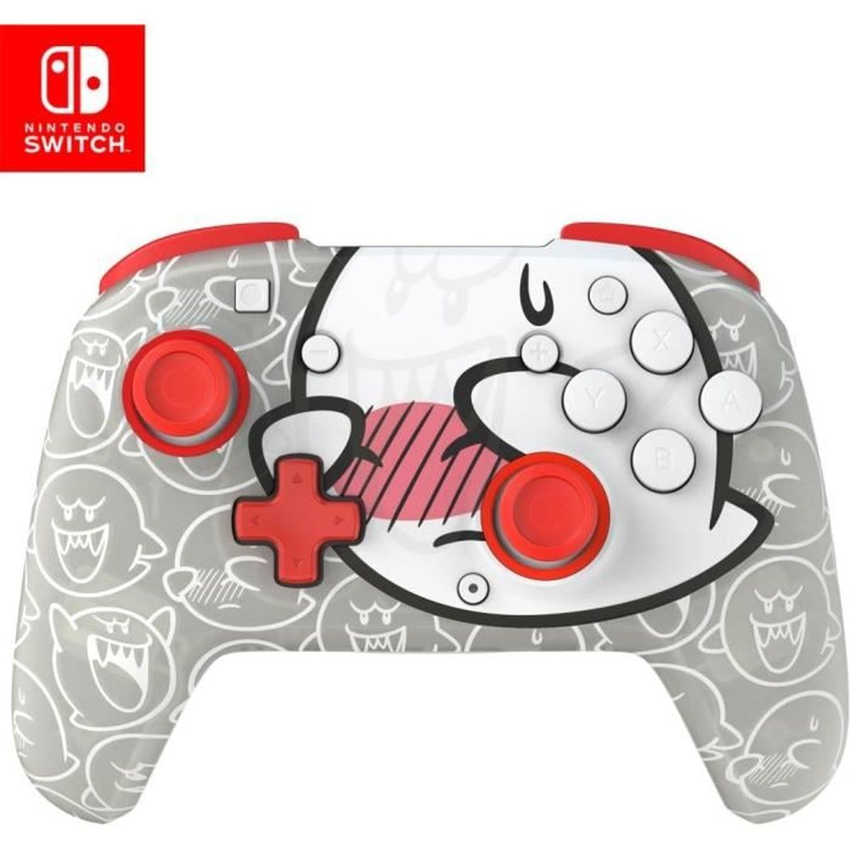 Un controller Nintendo Switch. È bianco e grigio con dettagli rossi. Presenta un design Boo e pulsanti di controllo rossi.