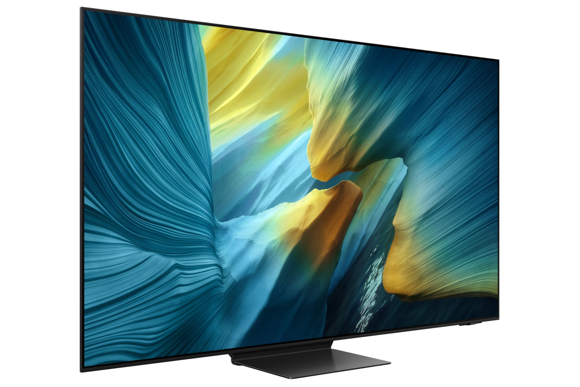 Duży, nowoczesny telewizor z czarną ramą. Ekran wyświetla kolorowy, abstrakcyjny krajobraz w odcieniach niebieskiego, żółtego i brązowego.