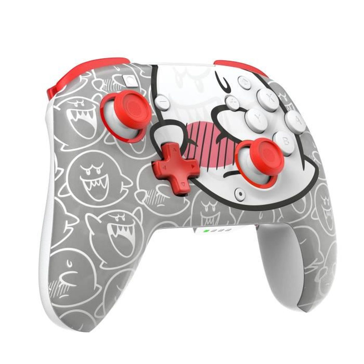Un controller Pro Nintendo Switch grigio e bianco. Ha pulsanti rossi e un design a fantasma Boo dei cartoni animati sul davanti.