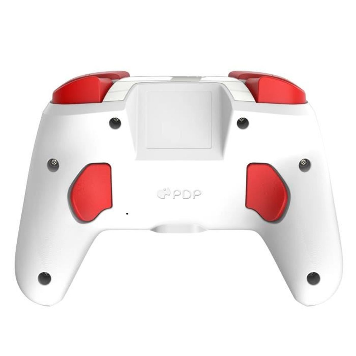 Controller di gioco bianco con pulsanti rossi. Caratteristiche: pulsanti funzione, grilletti e un'area quadrata centrale con il logo PDP.