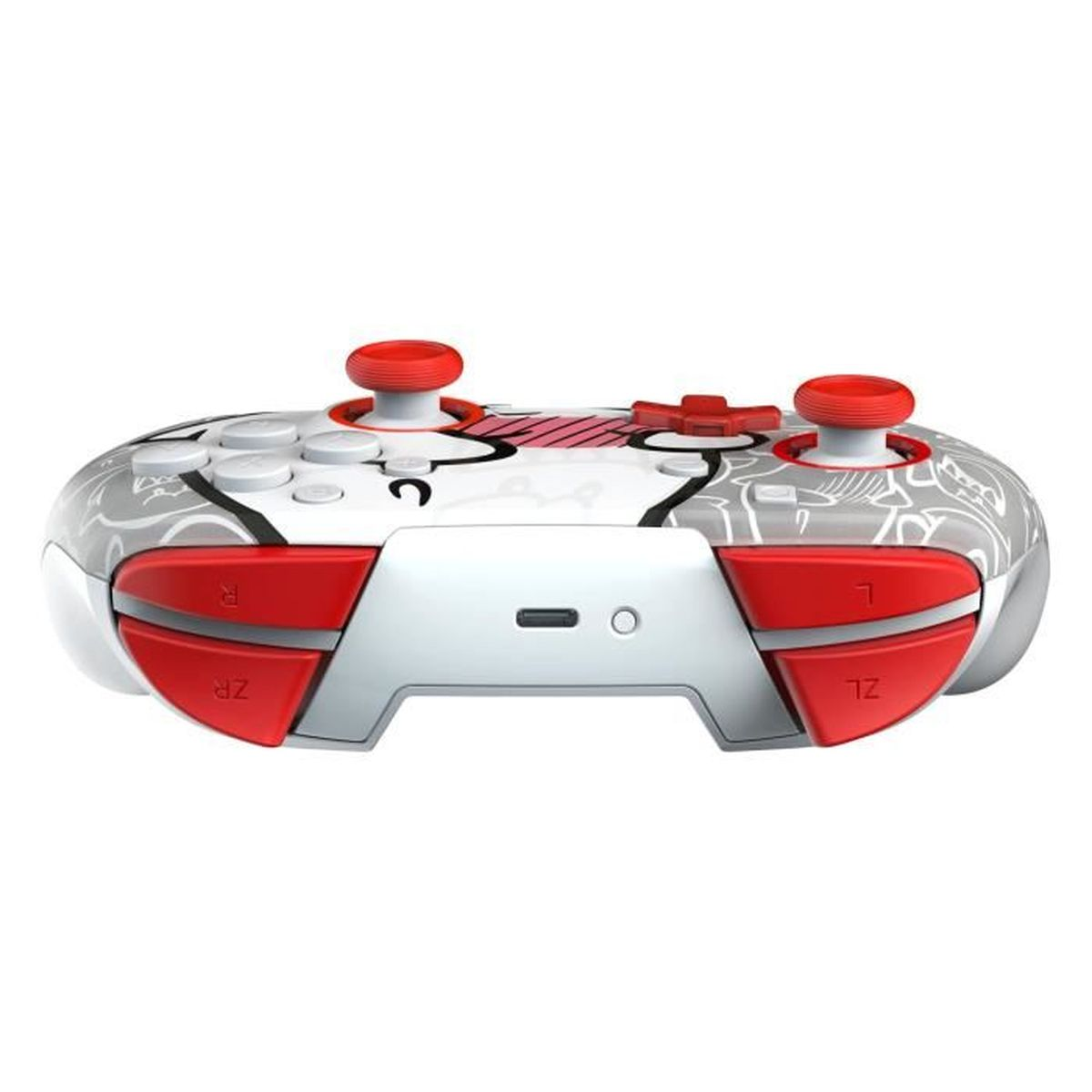 Un controller bianco e grigio con pulsanti e joystick rossi. Con un design di Hello Kitty.