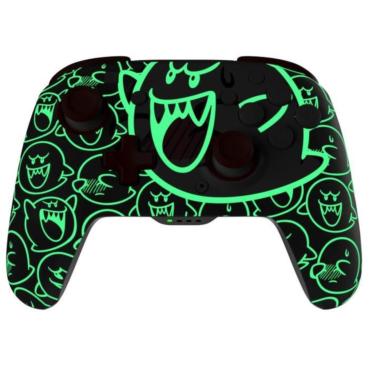 Controller nero con design del personaggio Boo verde. Presenta pulsanti, joystick e un D-pad.