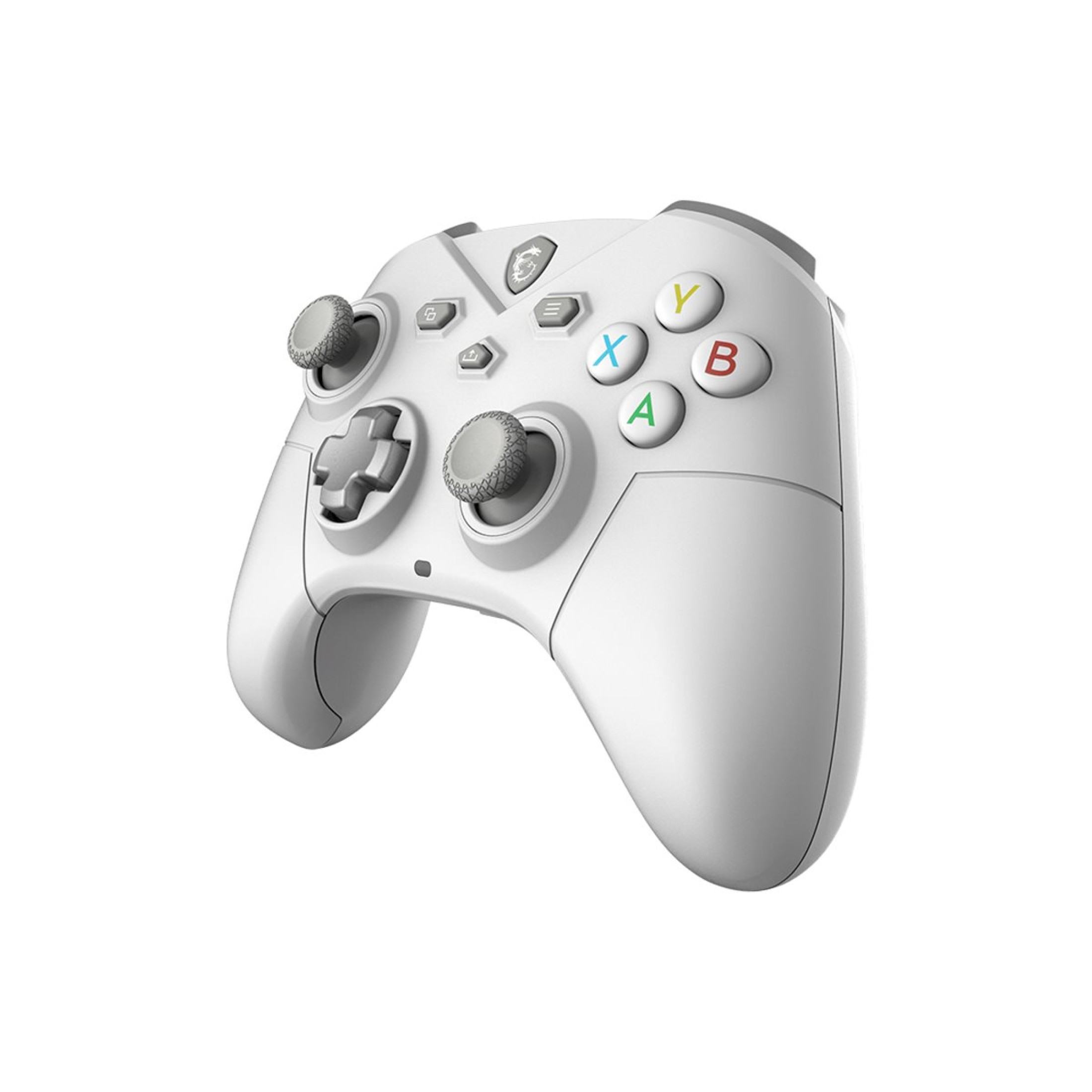 Biały kontroler do gier z przyciskami, joystickami i padem kierunkowym, na białym tle.