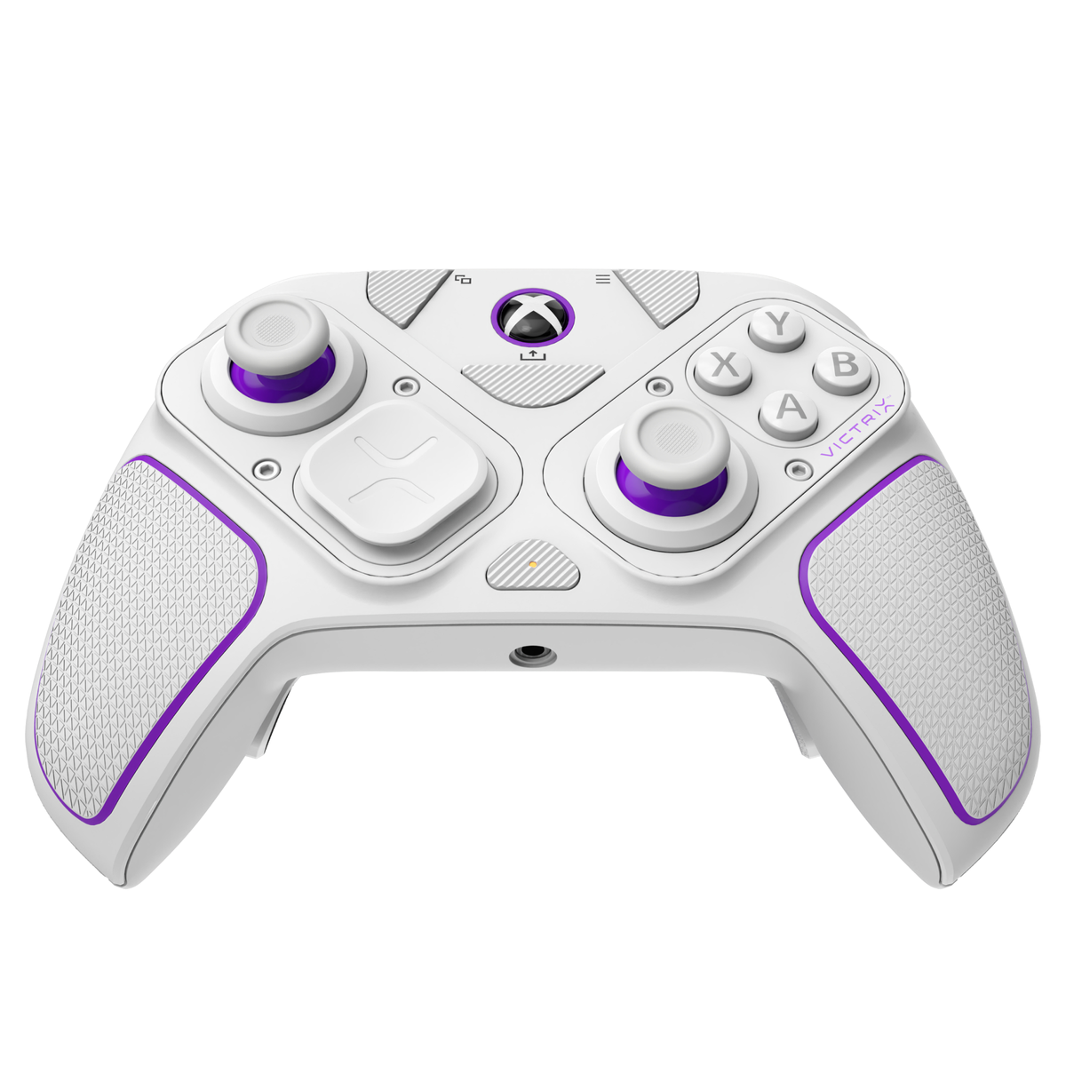 Biały kontroler Xbox z fioletowymi akcentami. Posiada przyciski, joysticki i teksturowany uchwyt. Logo Xbox pośrodku.