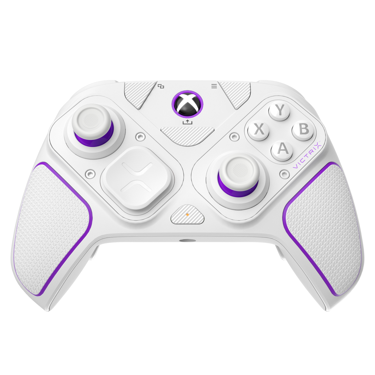 Biały kontroler Xbox z fioletowymi akcentami. Posiada przyciski, gałki i D-pad. Logo Xbox pośrodku.