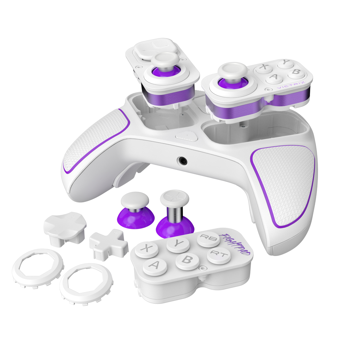 Biało-fioletowy kontroler Victrix Fightpad zdemontowany, z widocznymi elementami i przyciskami na białym tle.
