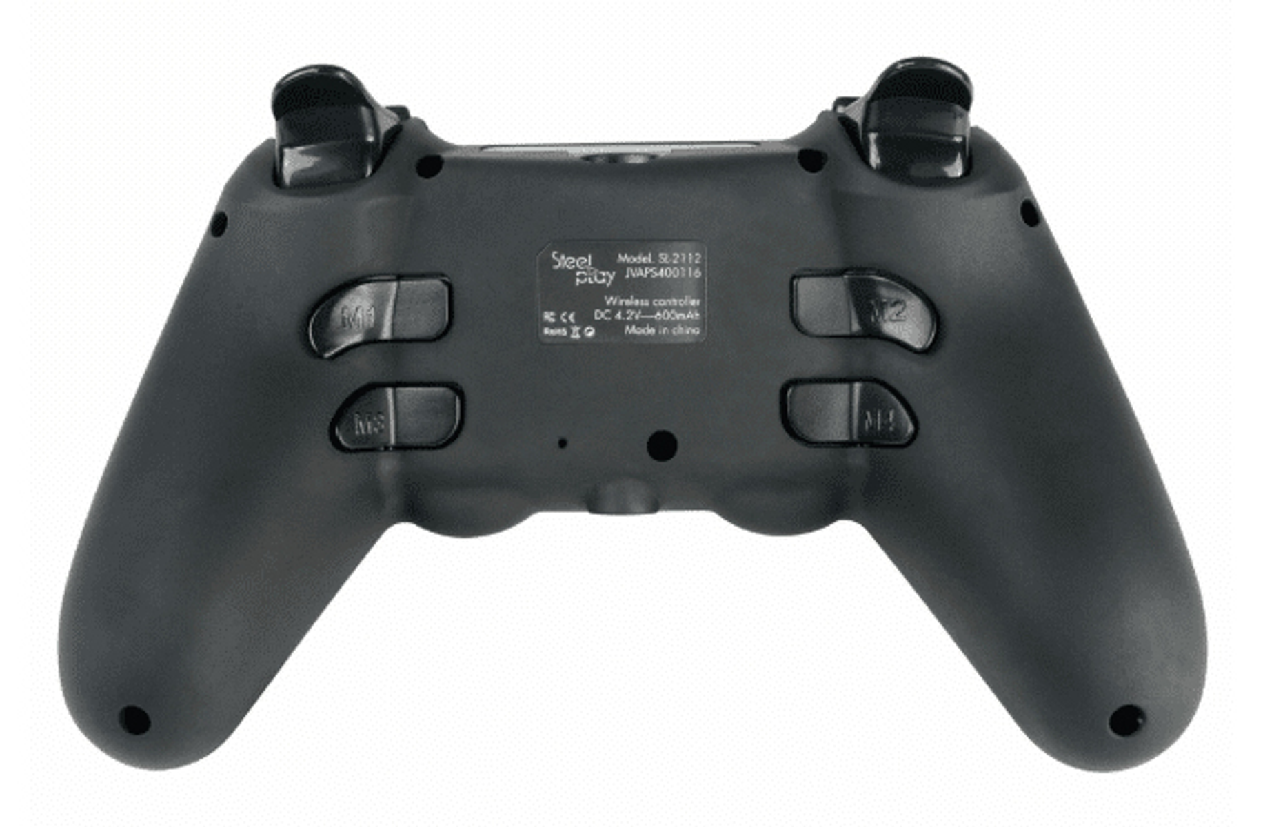 Czarny kontroler bezprzewodowy Steelplay. Widok z tyłu z przyciskami, spustami i etykietą informacyjną.