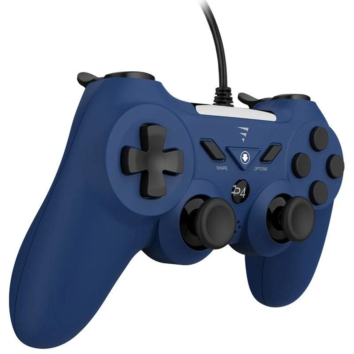 Un mando azul de PlayStation 4 con botones y joysticks negros, conectado por un cable negro. 'Share' y 'Options' están etiquetados.