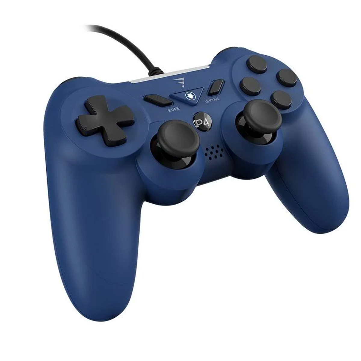 Un mando azul de PS4 con botones negros, joysticks y una cruceta. Un cable negro conectado en la parte superior.
