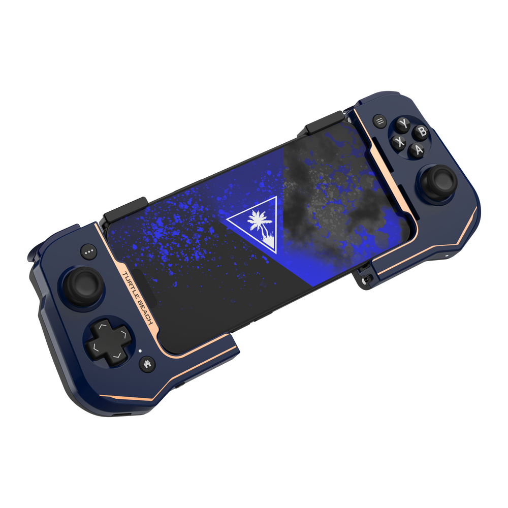 Un controller di gioco blu scuro con un telefono all'interno. Ha pulsanti e un joystick. Lo schermo mostra un logo.