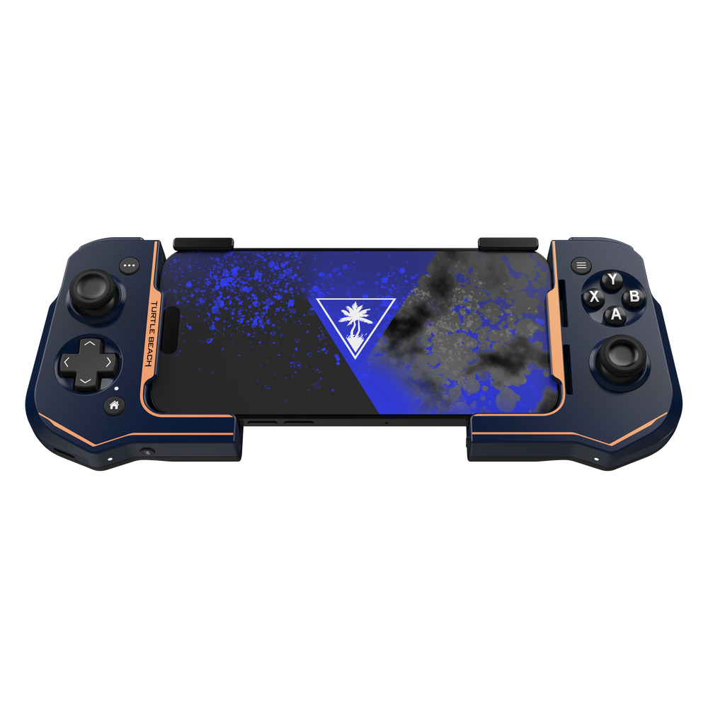 Un dispositivo di gioco portatile con un telefono all'interno. Il dispositivo ha pulsanti e joystick. Lo schermo del telefono mostra un logo e un design blu.