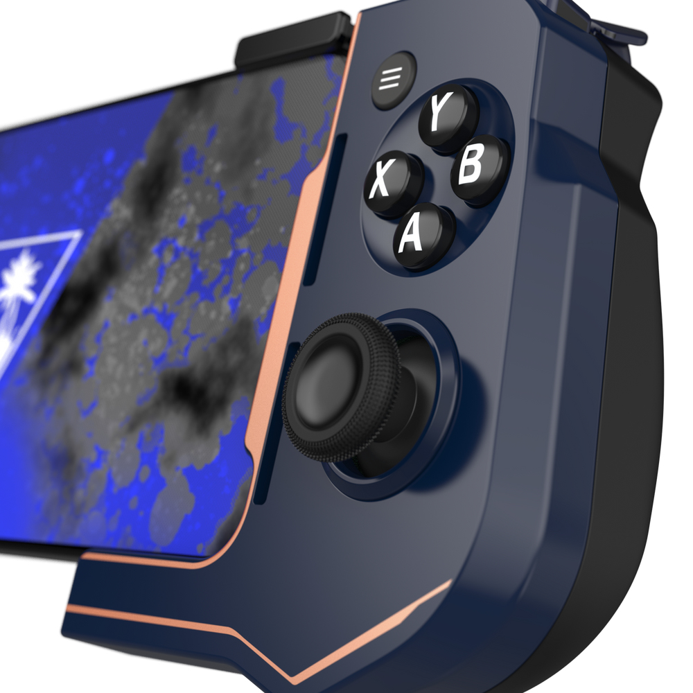 Primo piano di un controller di gioco blu e rame. Ha i pulsanti: Y, X, B, A e un joystick. È visibile uno schermo.