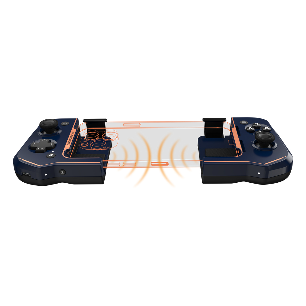 Un controller di gioco blu scuro con accenti arancioni, diviso in due con un supporto per telefono al centro e linee ondulate arancioni.
