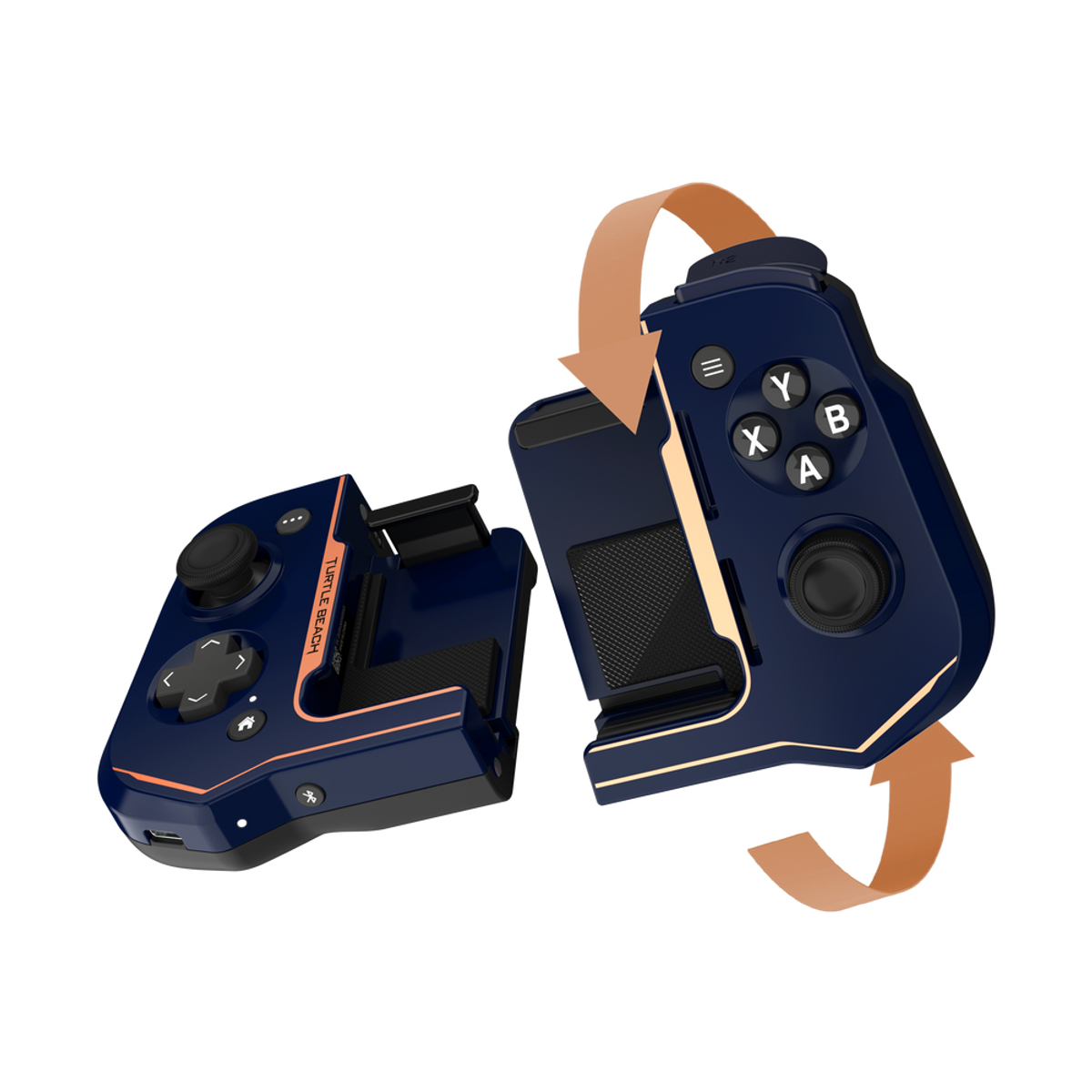 Un gamepad Turtle Beach blu scuro, parzialmente aperto, con dettagli arancioni e pulsanti di controllo.