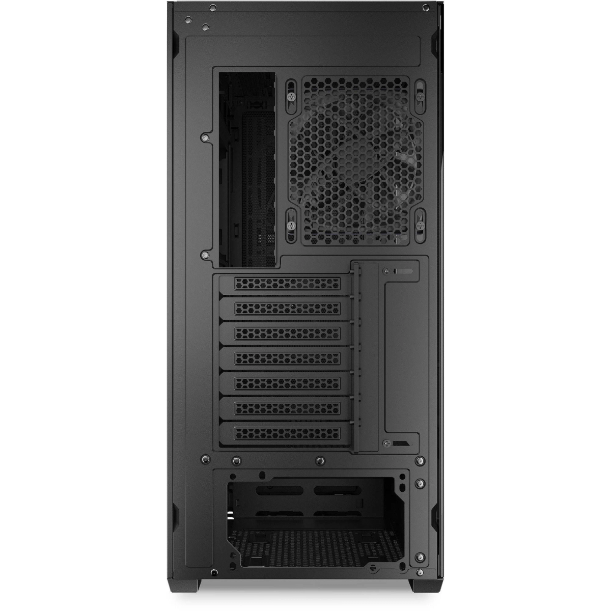Un case per computer nero, visto da dietro. Ha diverse aperture per i componenti e una griglia per la ventola in alto.