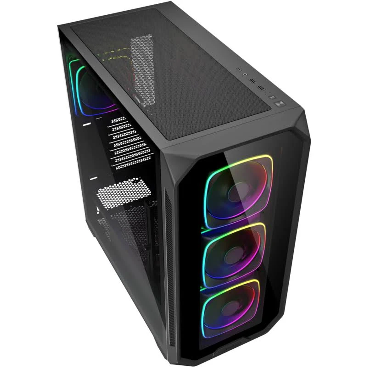 Un case per computer nero con parte superiore in rete e frontale in vetro. Visibili tre ventole con luci RGB.