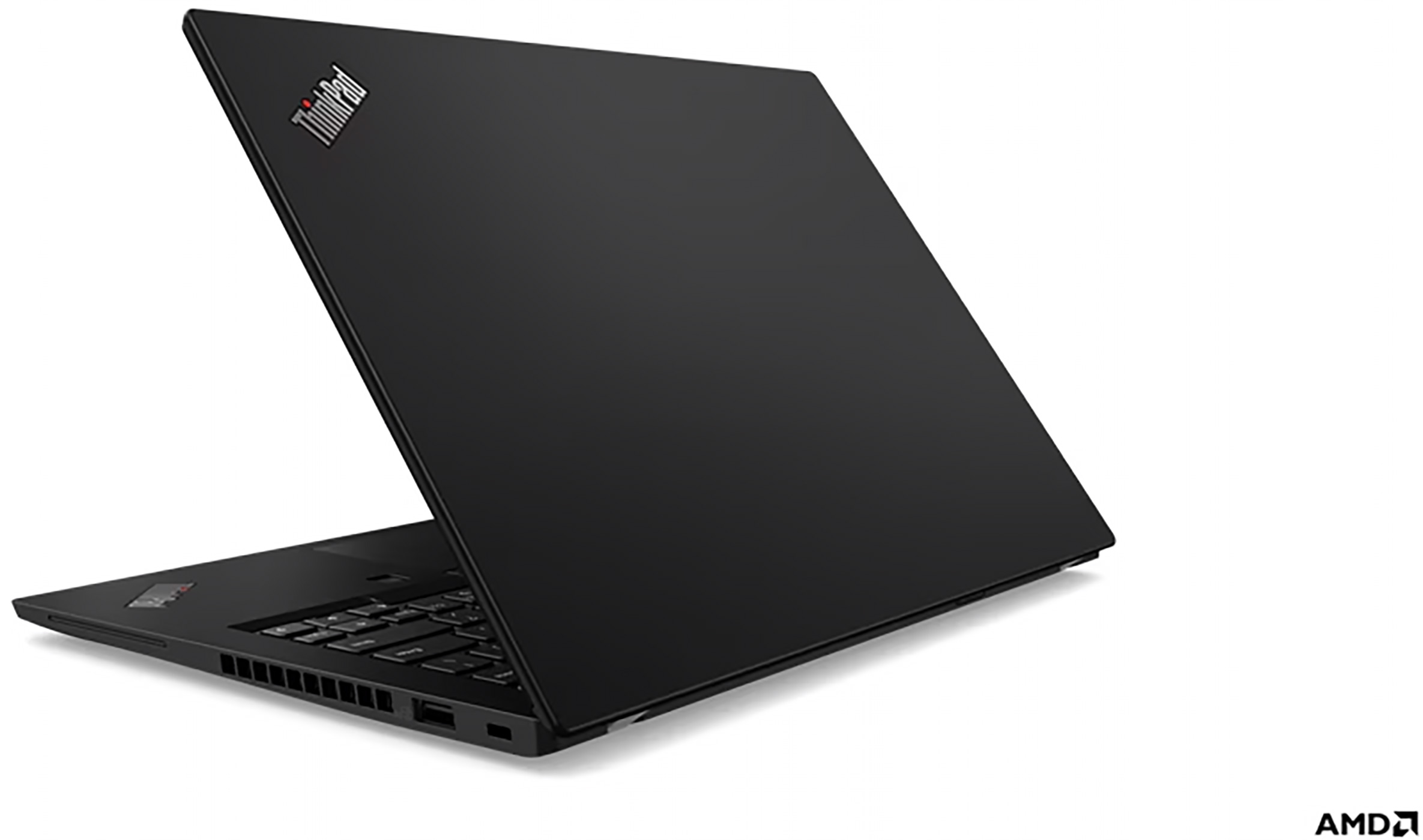 A black ThinkPad laptop is open. The lid shows the ThinkPad logo. The keyboard and ports are visible.
