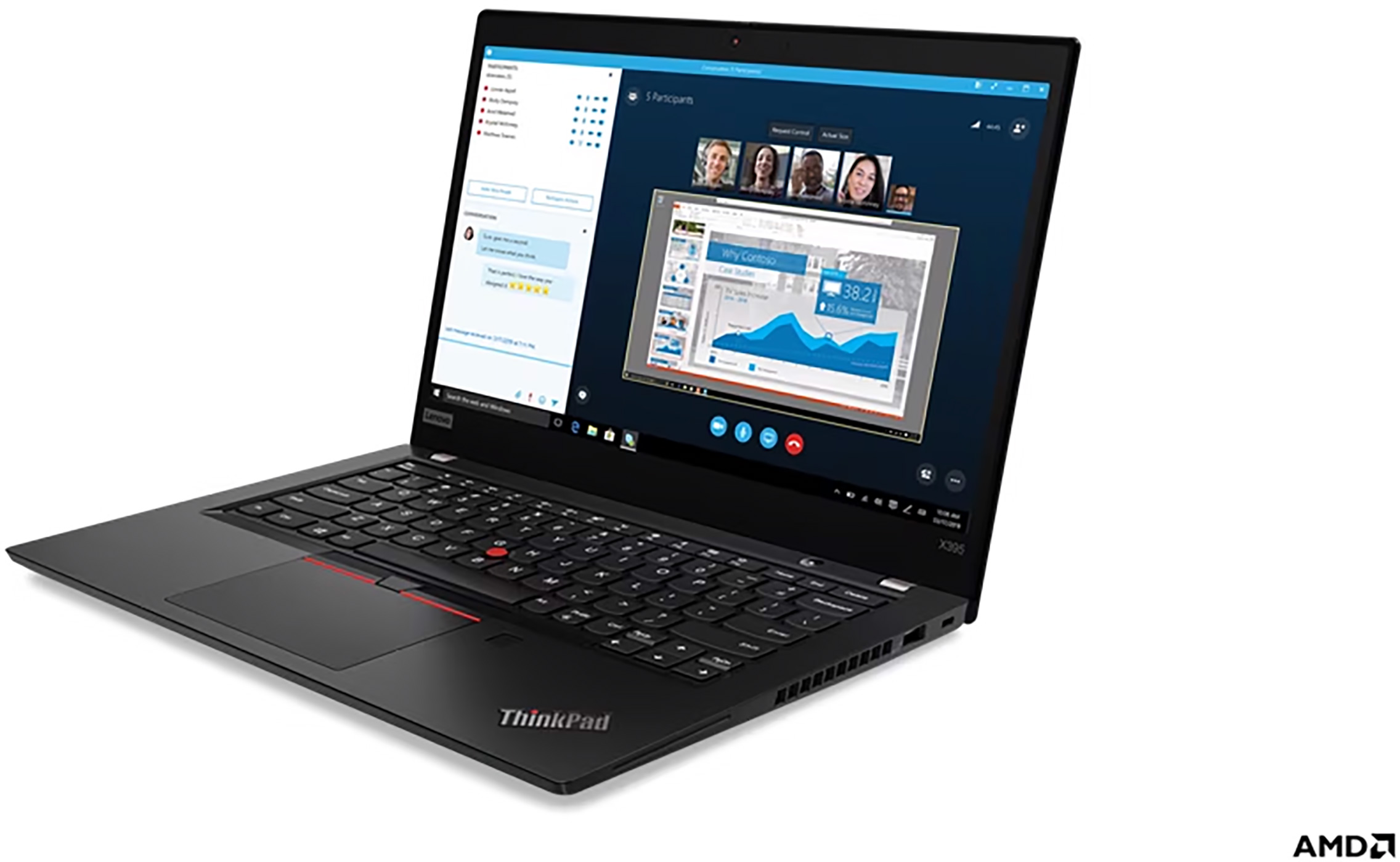 A black ThinkPad laptop displays a video call with 5 participants. A presentation is shown on the screen.