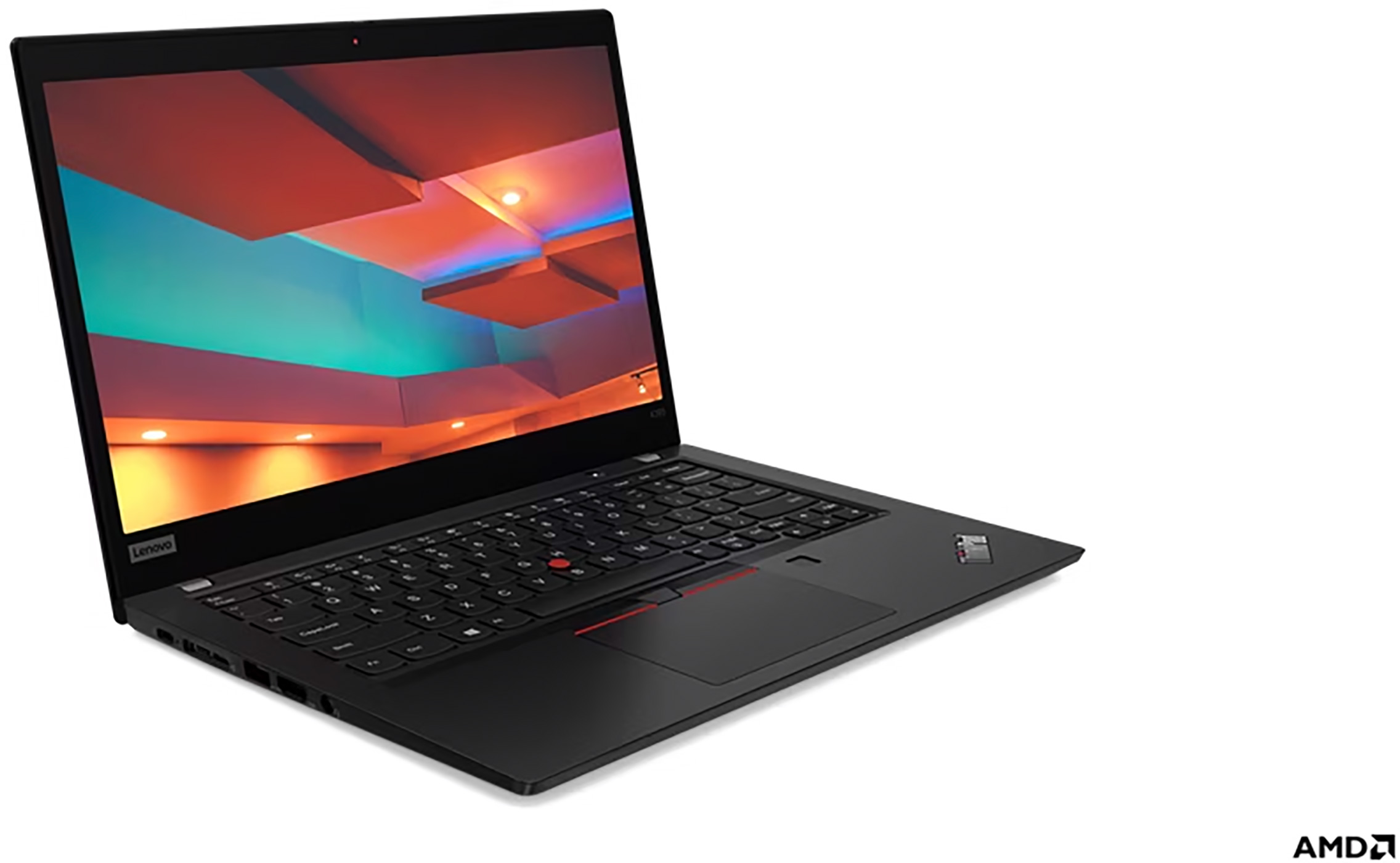 Black Lenovo laptop angled right, open. Keyboard visible with red trackpoint. Screen shows orange and blue abstract shapes.