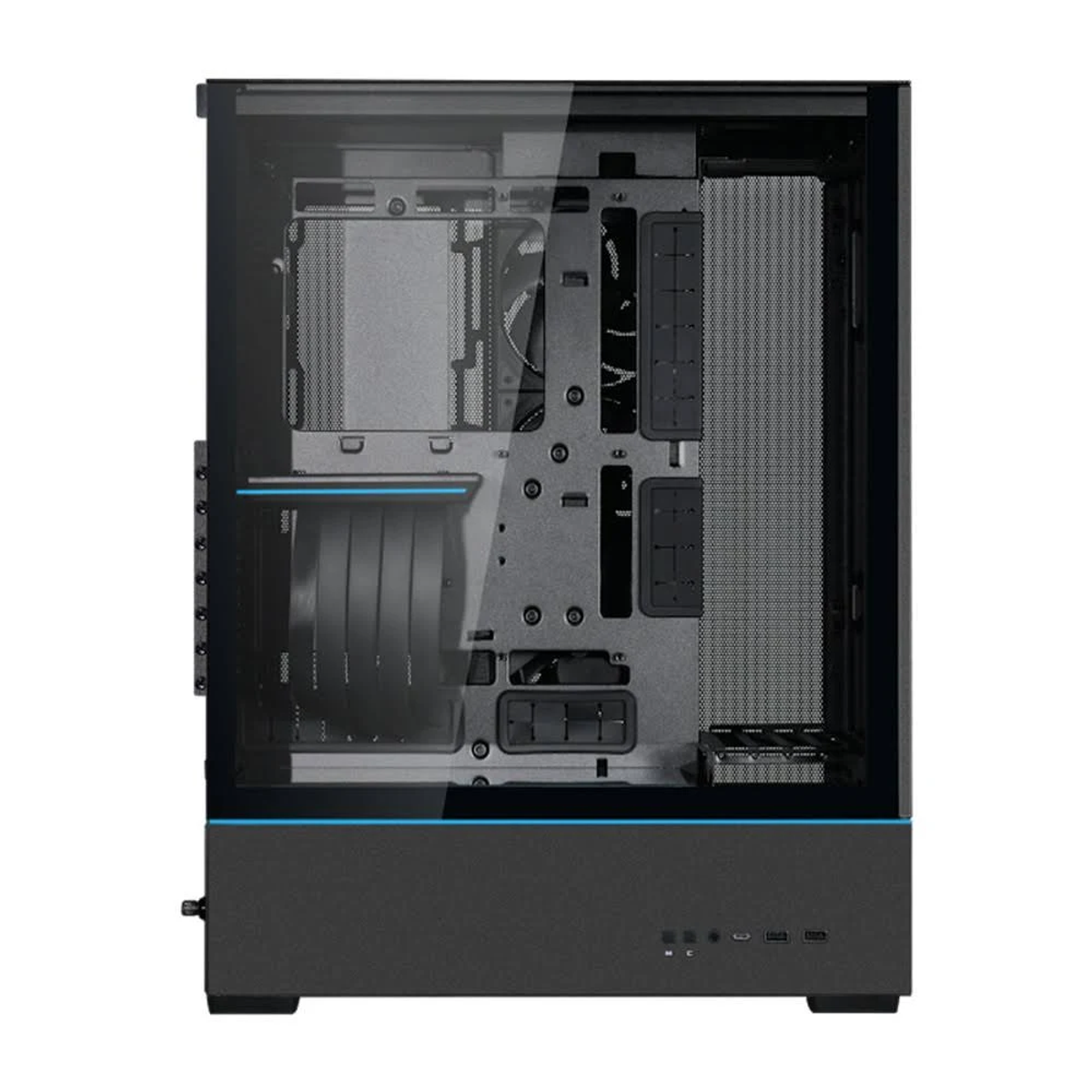 Un case per computer con pannello laterale in vetro, che mostra i componenti interni. I colori nero e grigio dominano il design, con accenti blu.