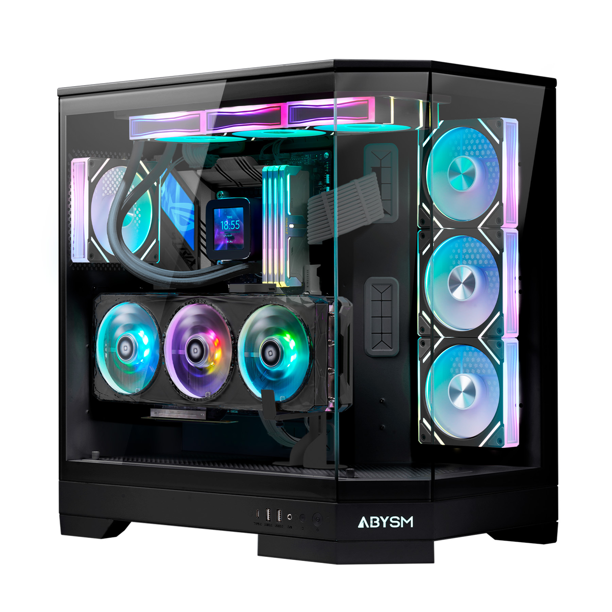 Un moderno case per PC con pannelli in vetro, che mostra i componenti interni. Le ventole con luci colorate illuminano l'interno, con uno schermo.
