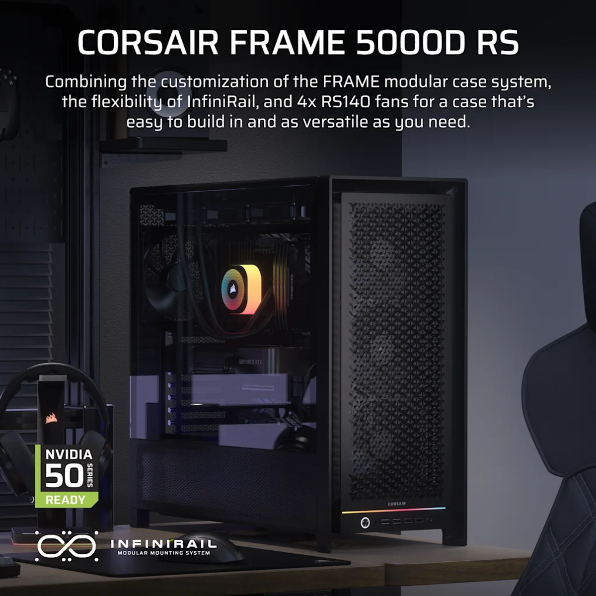 Een zwarte pc-kast met een glazen zijkant, met interne componenten. Een headset en muis staan op de voorgrond, met tekstoverlays.