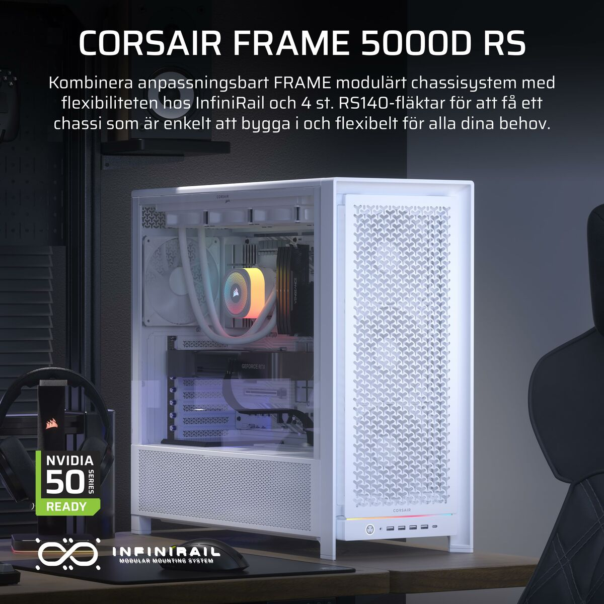 Boîtier d'ordinateur blanc avec panneau latéral en verre, montrant les composants internes. Texte : CORSAIR FRAME 5000D RS et NVIDIA 50 SERIES READY.