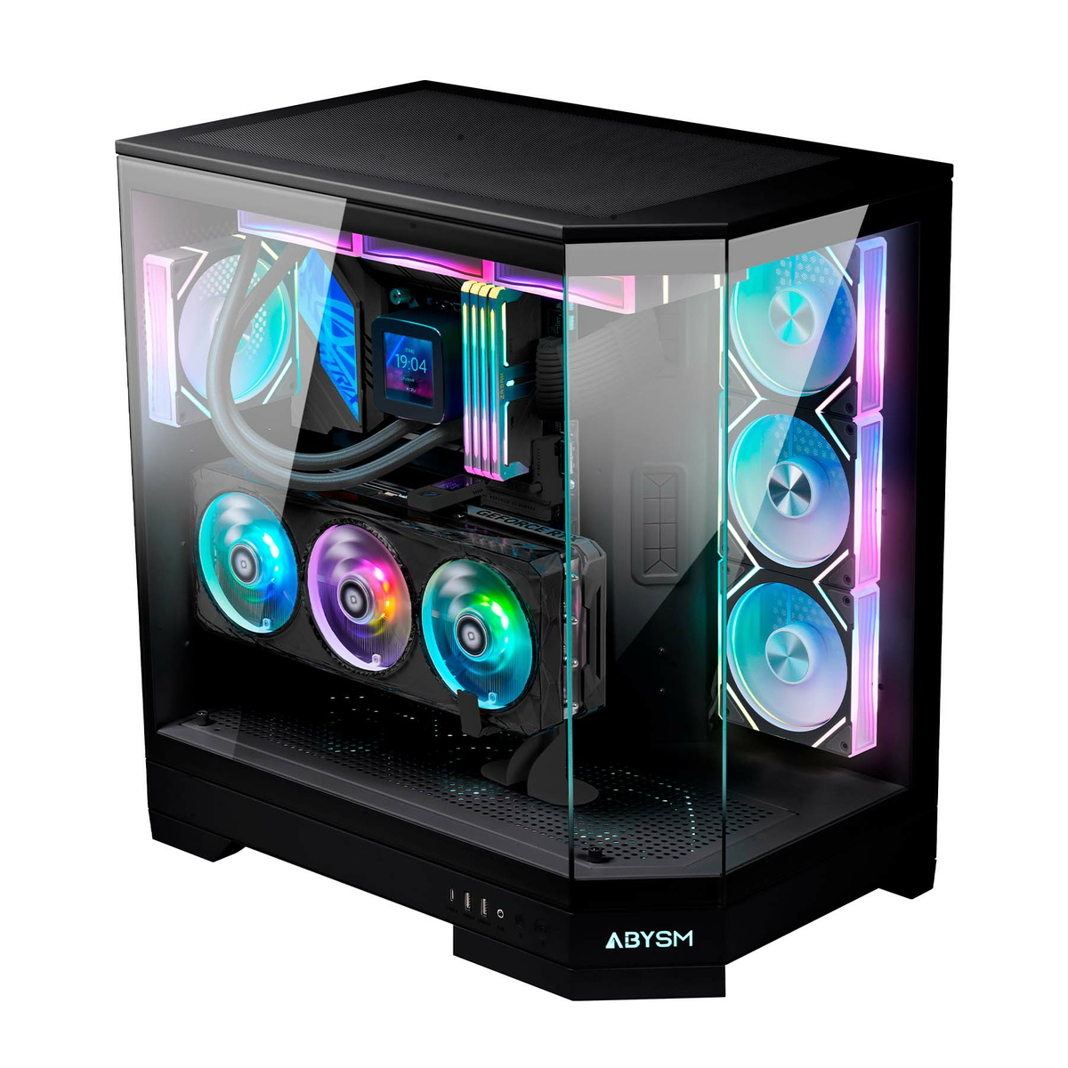 Un moderno case per computer nero con pannelli di vetro, che mostra componenti interni con luci LED colorate e ventole.