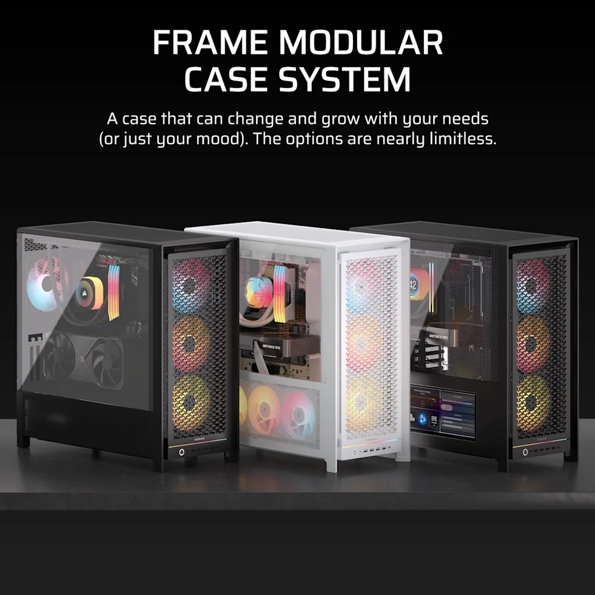 Drie computerkasten, zwart, wit en zwart, met kleurrijke interne verlichting, tegen een donkere achtergrond, die het 'FRAME MODULAR CASE SYSTEM' tonen.