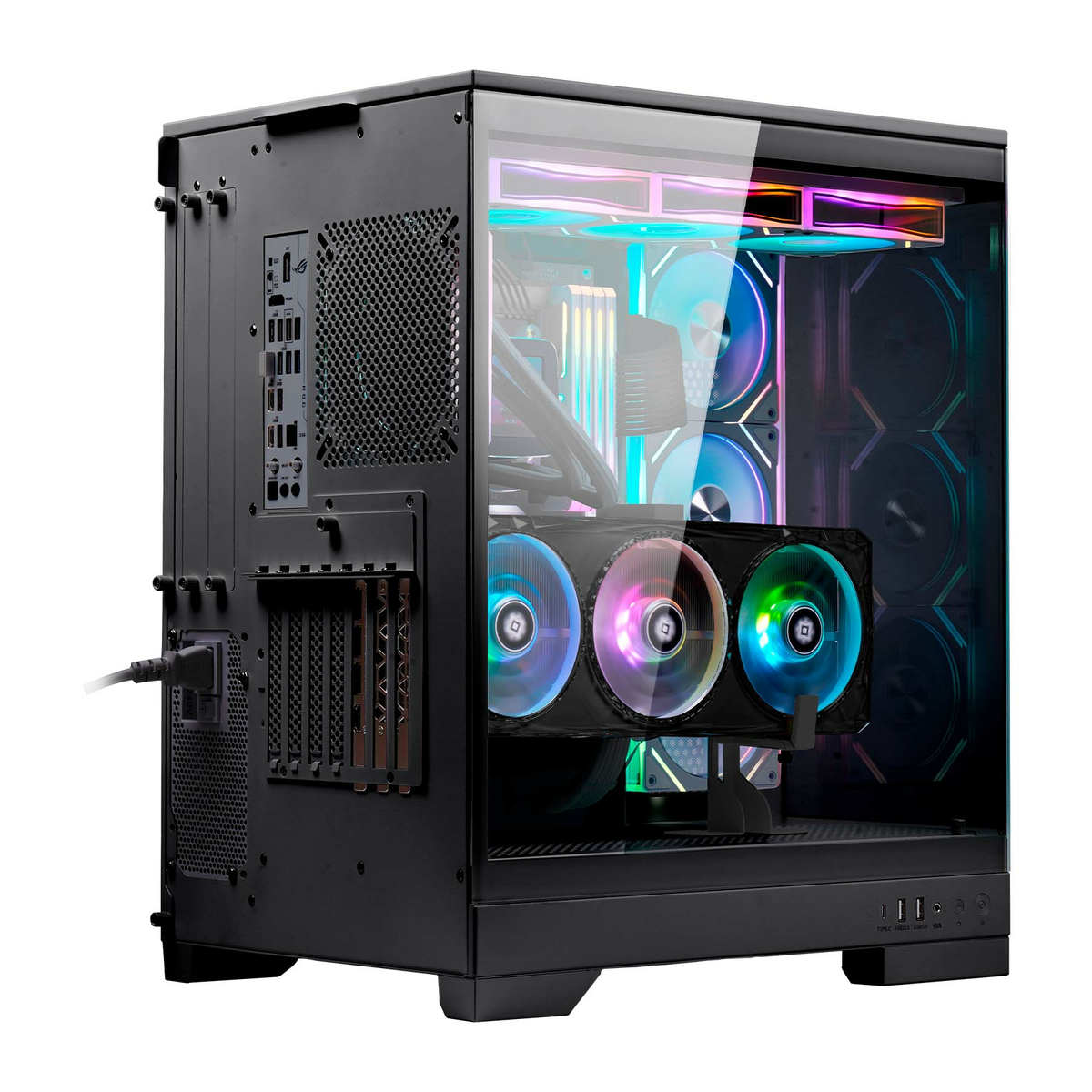 Un case per PC nero con un pannello laterale in vetro, che rivela i componenti interni. All'interno del computer sono visibili ventole con luci colorate.