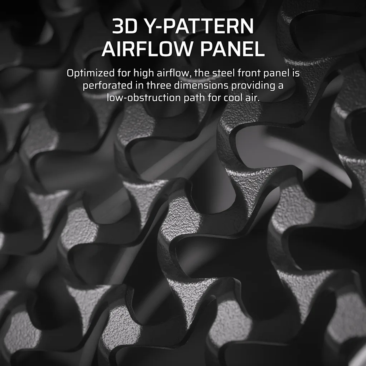 Close-up van een 3D Y-patroon luchtstroompaneel. Het paneel is geperforeerd in een golfachtig ontwerp en biedt een pad voor koele lucht.