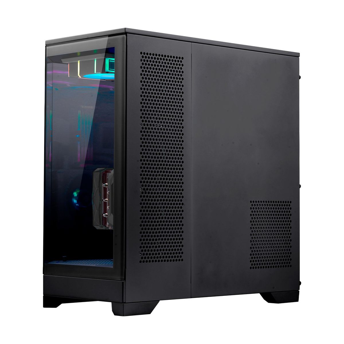 Un case per computer nero con un pannello laterale in vetro. Il pannello laterale mostra componenti interni con luci colorate. Lati perforati.