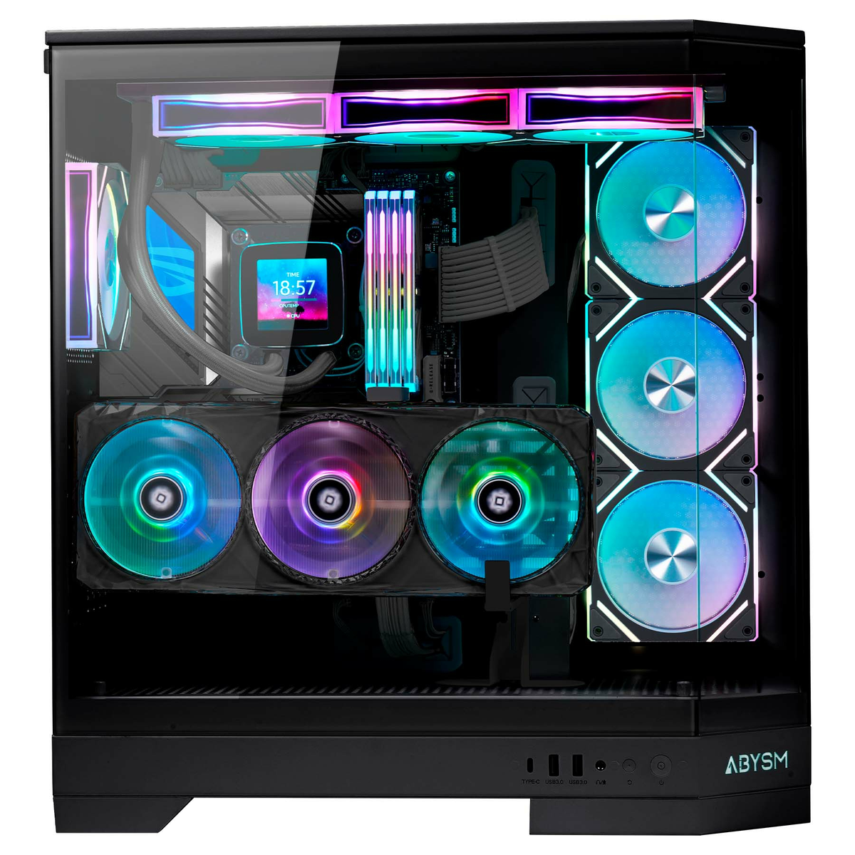 Un case per computer con molteplici ventole LED colorate e componenti visibili attraverso il vetro. L'ora è visualizzata su uno schermo.