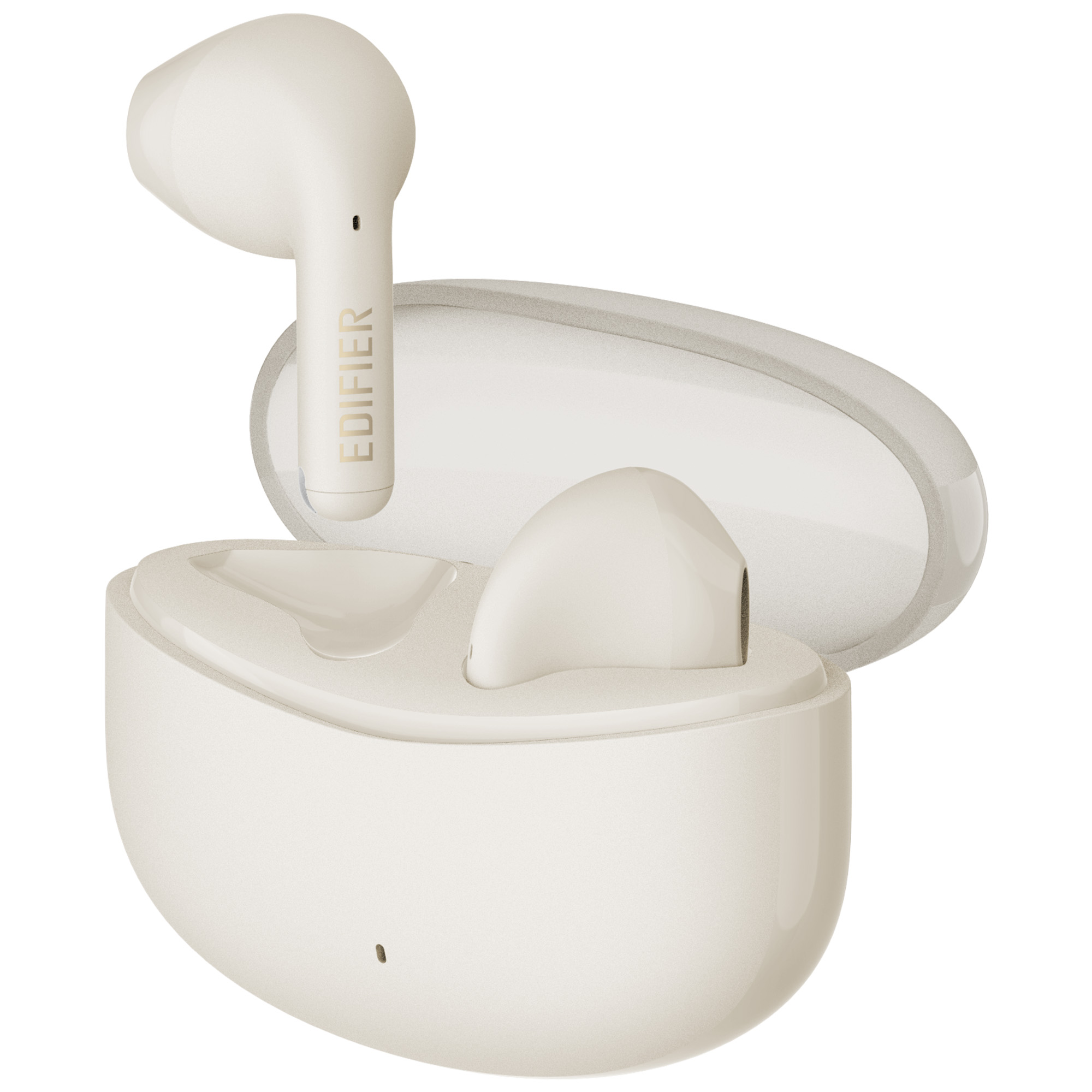 Słuchawki w kolorze kości słoniowej w otwartym etui. Jeden z pączków jest poza etui. Etui ma przezroczystą pokrywę.