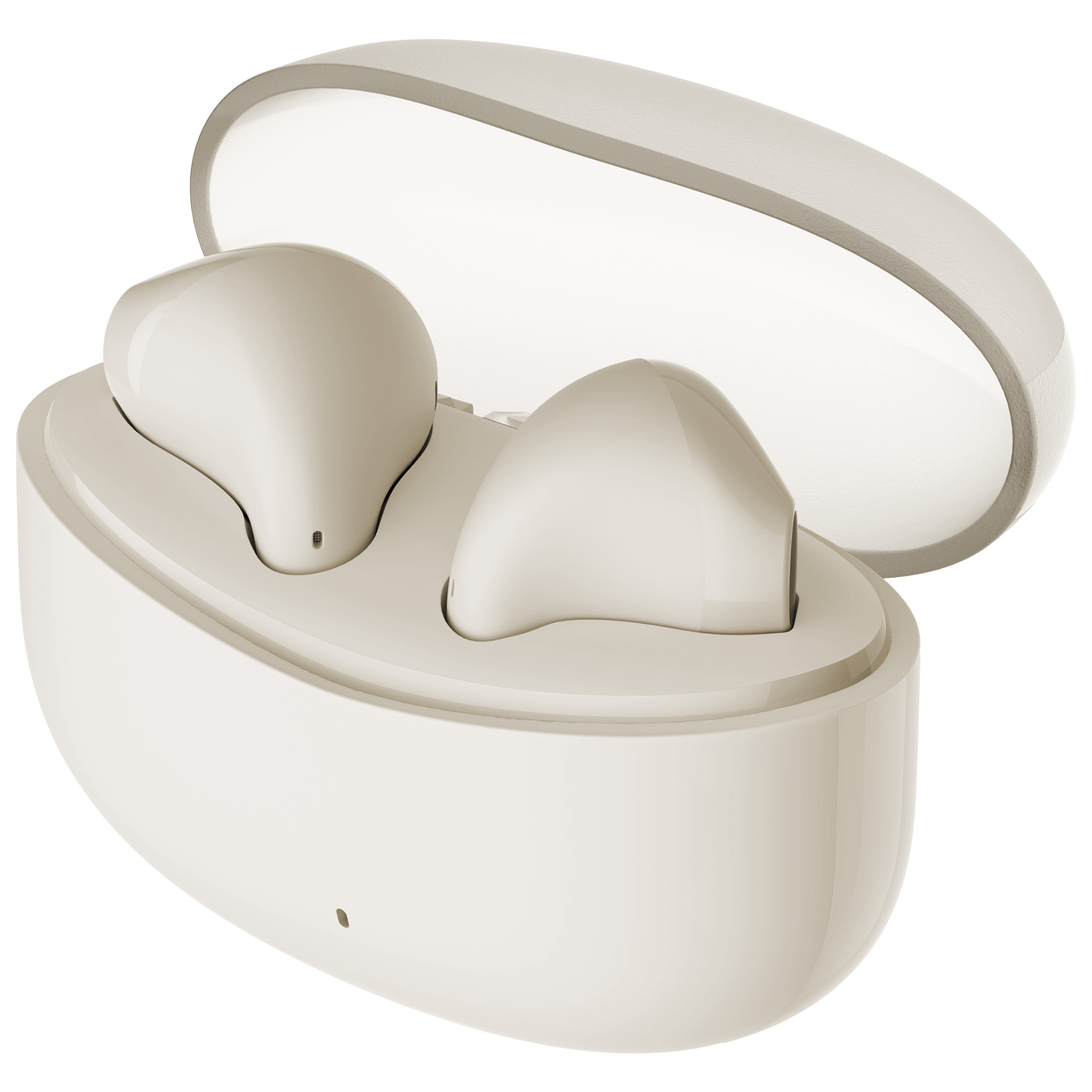 Otwarte, beżowe słuchawki bezprzewodowe w pasującym etui. Etui jest otwarte, ukazując słuchawki w środku.