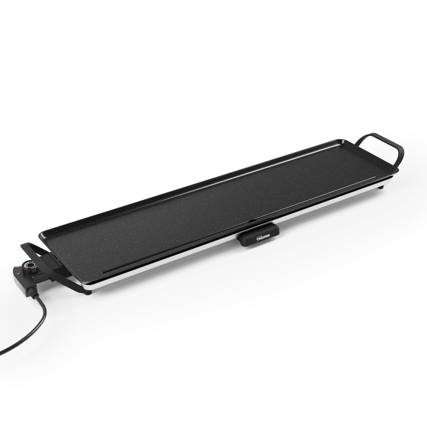 Een rechthoekige zwarte elektrische bakplaat met een zilveren frame, zwarte handgrepen en een netsnoer. Het merk is Tristar.