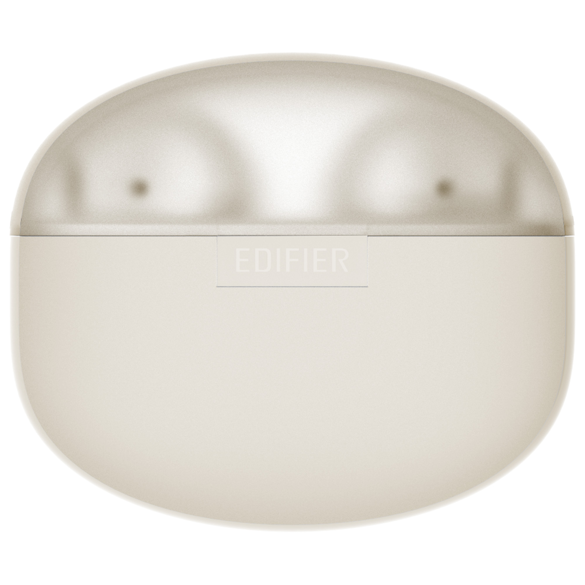 Beżowe etui na słuchawki Edifier. Góra jaśniejsza od dołu. Nazwa marki widoczna pośrodku.