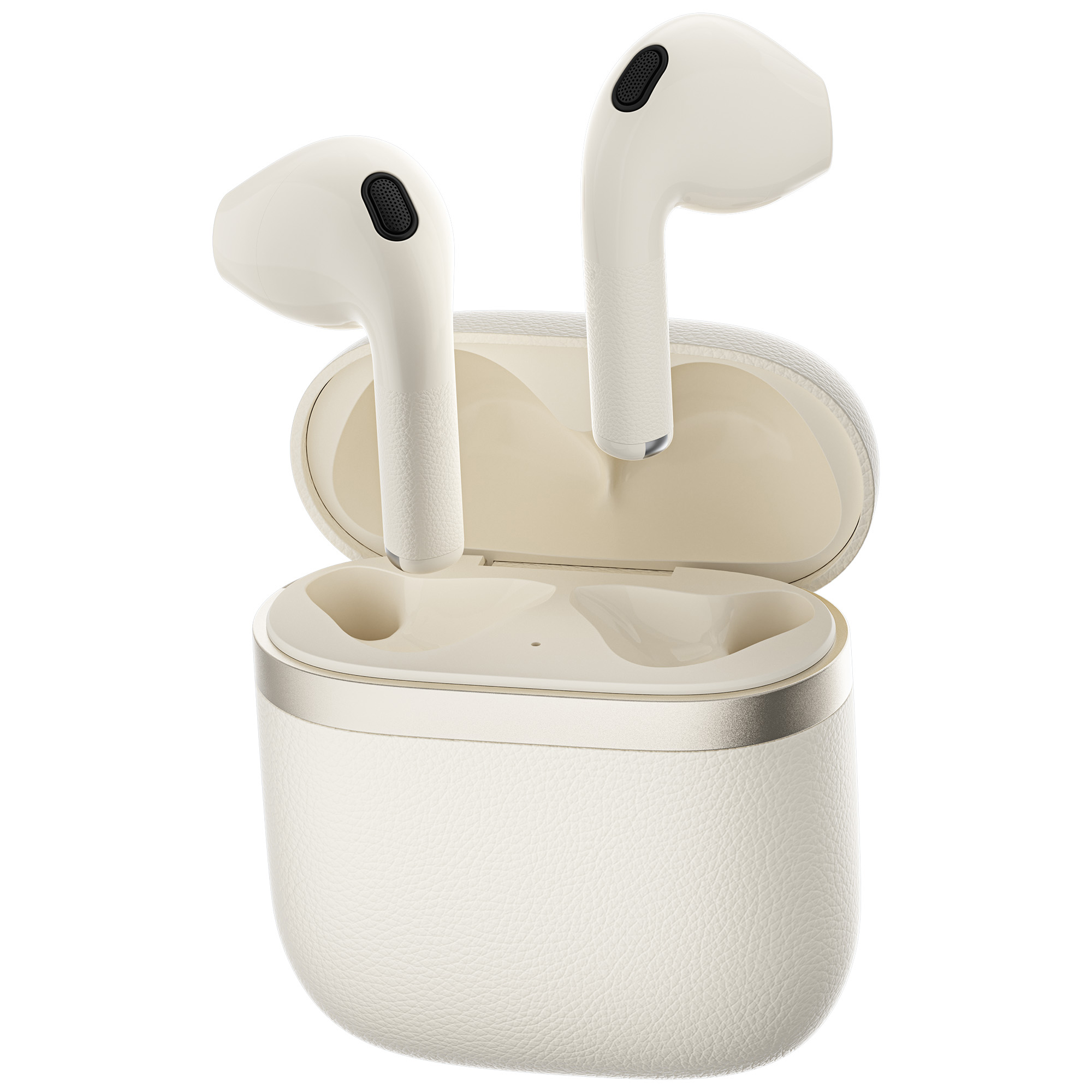Białe bezprzewodowe słuchawki z etui ładującym. Etui jest otwarte, a w środku znajdują się dwie słuchawki. Tło jest białe.