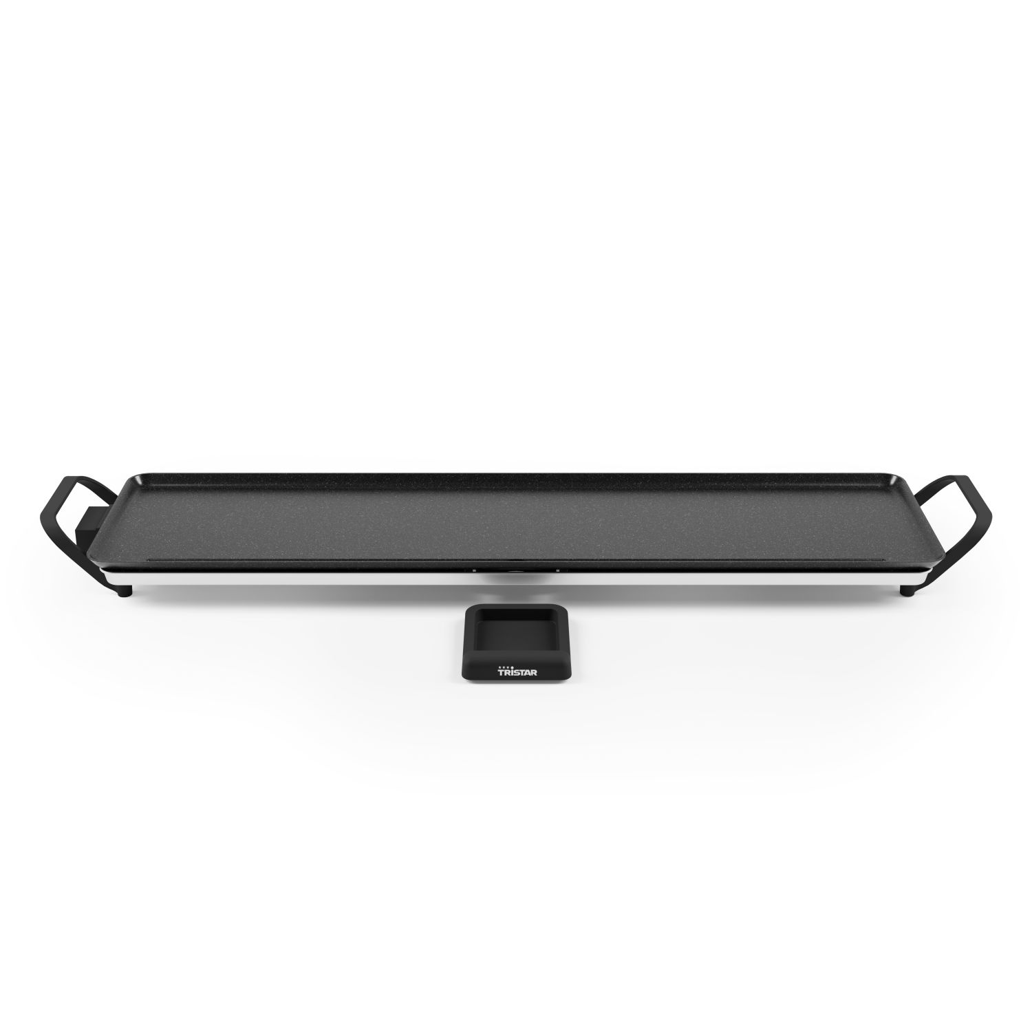 Een rechthoekige, zwarte elektrische grill met handvatten en een kleine zwarte vierkante tray met de merknaam 'Tristar' op een witte achtergrond.
