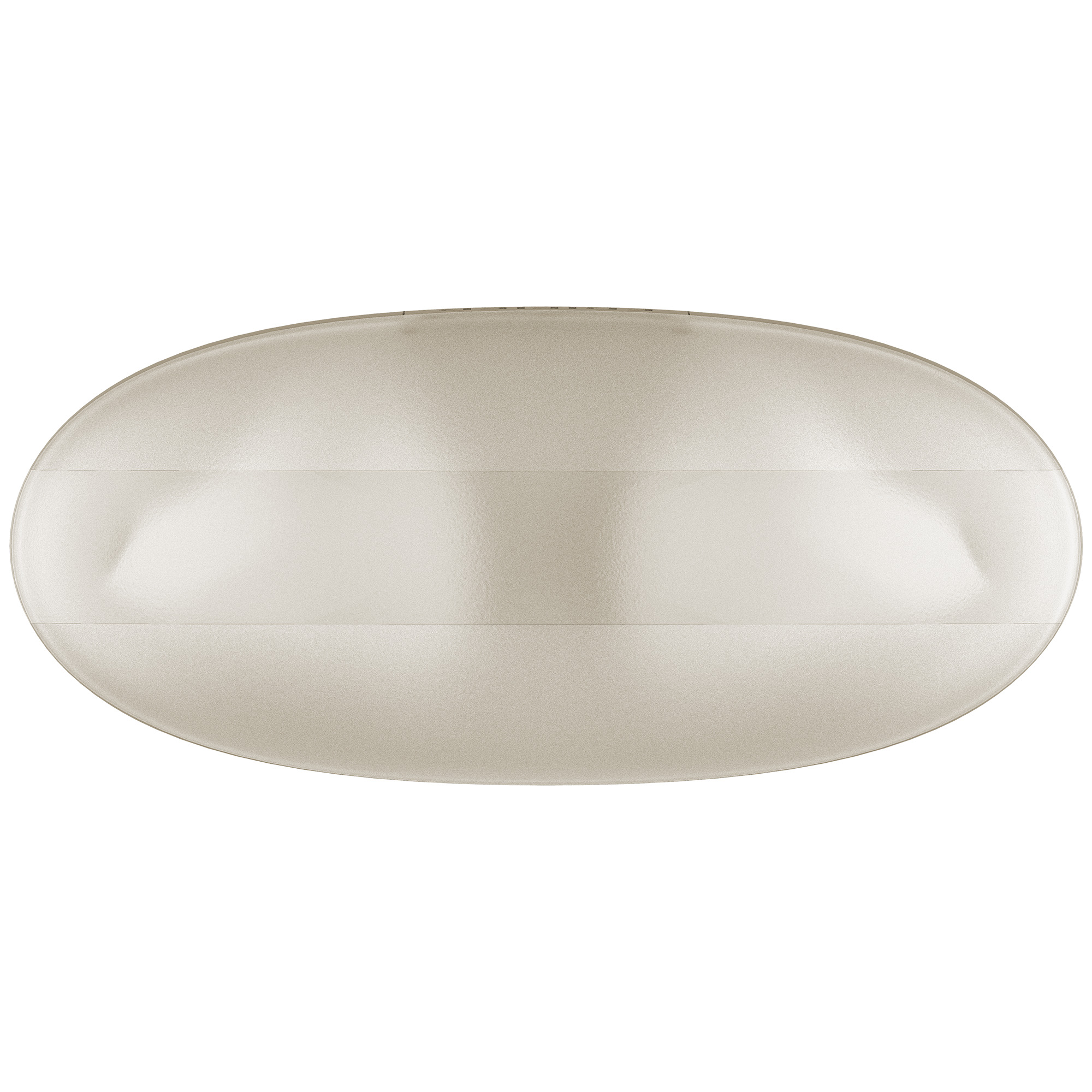 Widok z góry na beżowy owalny obiekt z poziomymi liniami. Tło jest białe.