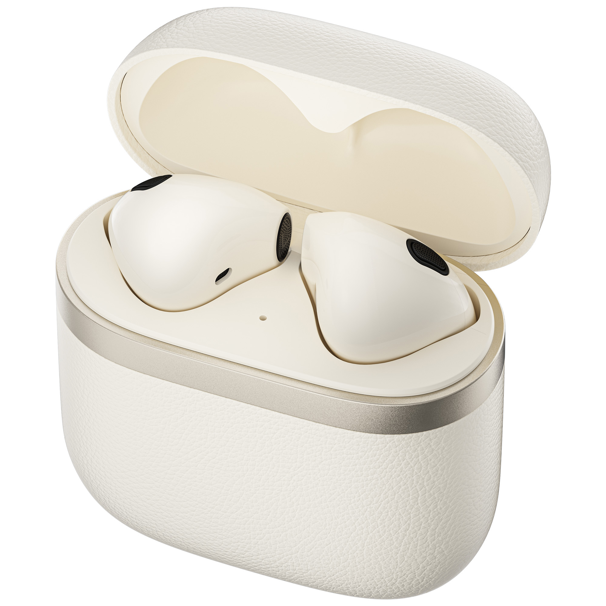 Białe skórzane etui na słuchawki z dwoma słuchawkami w środku. Etui jest otwarte, ukazując kremowe wnętrze. Słuchawki są białe.
