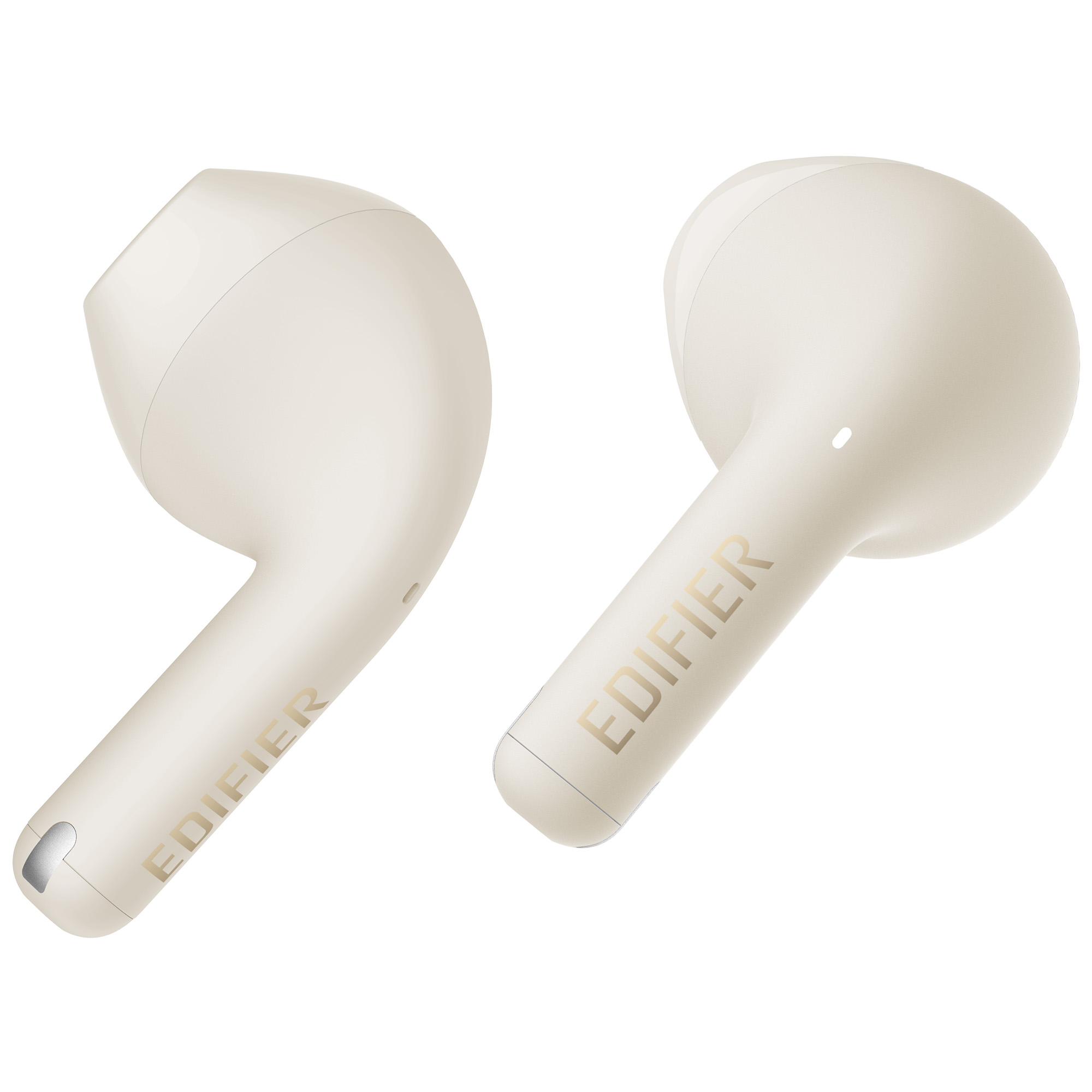 Dwie kremowe słuchawki Edifier na białym tle. Każda ma zaokrąglony korpus i trzon z nazwą marki.