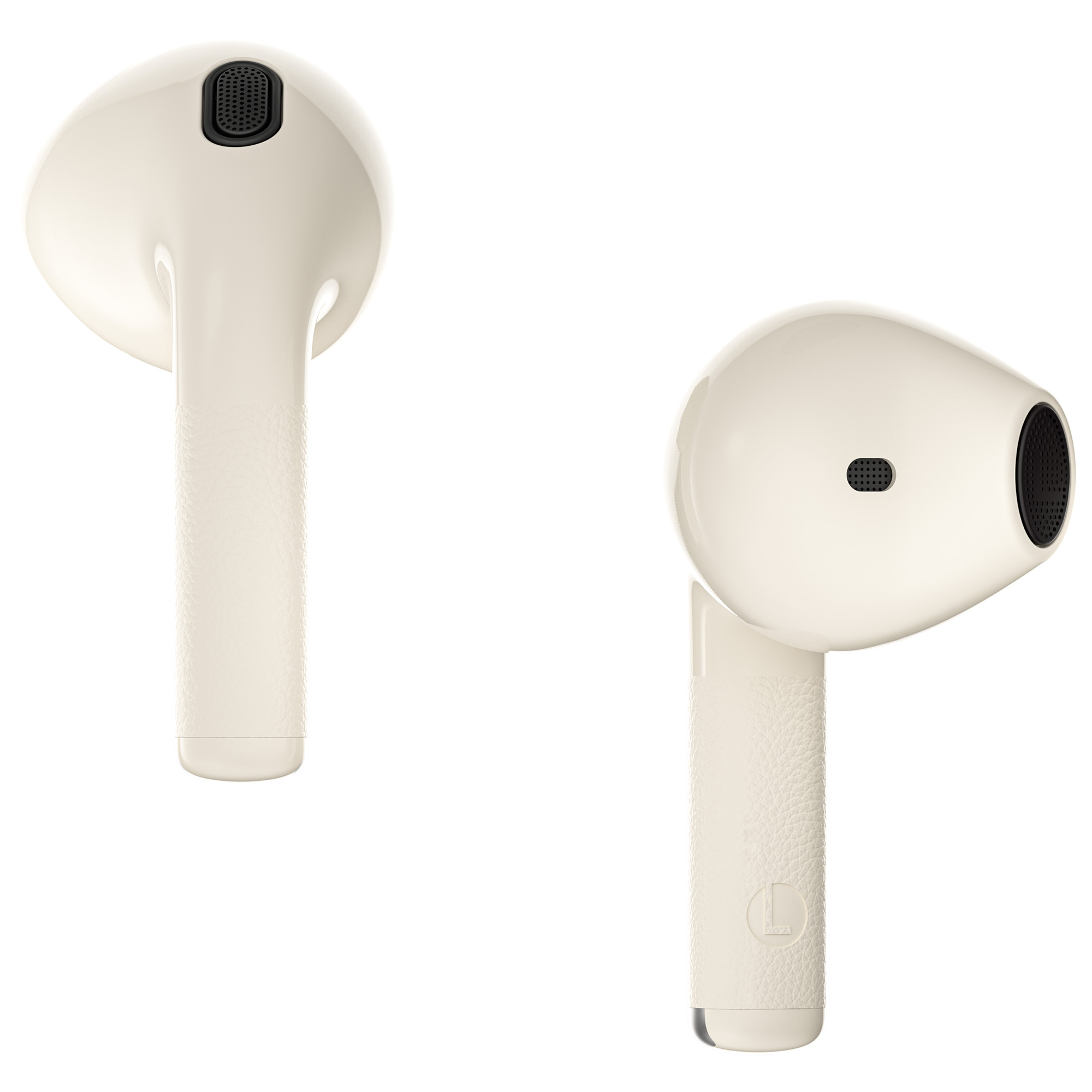 Dwie kremowe bezprzewodowe słuchawki douszne na białym tle. Każda ma czarną kratkę głośnika.