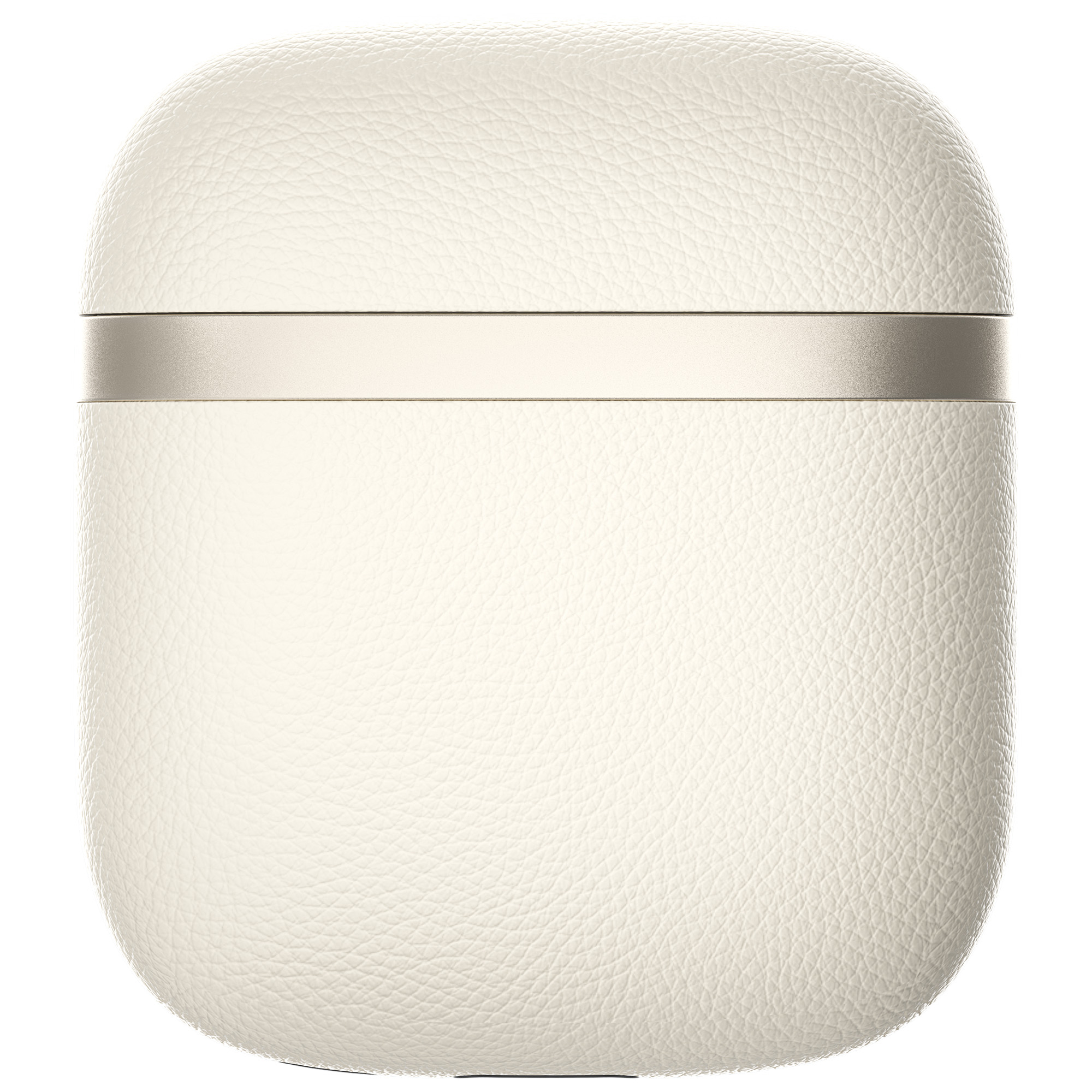 Obudowa w kolorze kości słoniowej, zaokrąglona, z teksturowaną powierzchnią. Metalowy pas otacza środek. Białe tło.