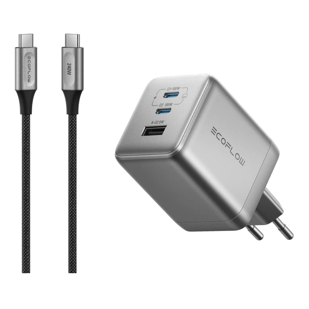 Obraz przedstawia srebrną ładowarkę z dwoma kablami USB-C i srebrną ładowarkę. Ładowarka ma porty USB i logo EcoFlow.