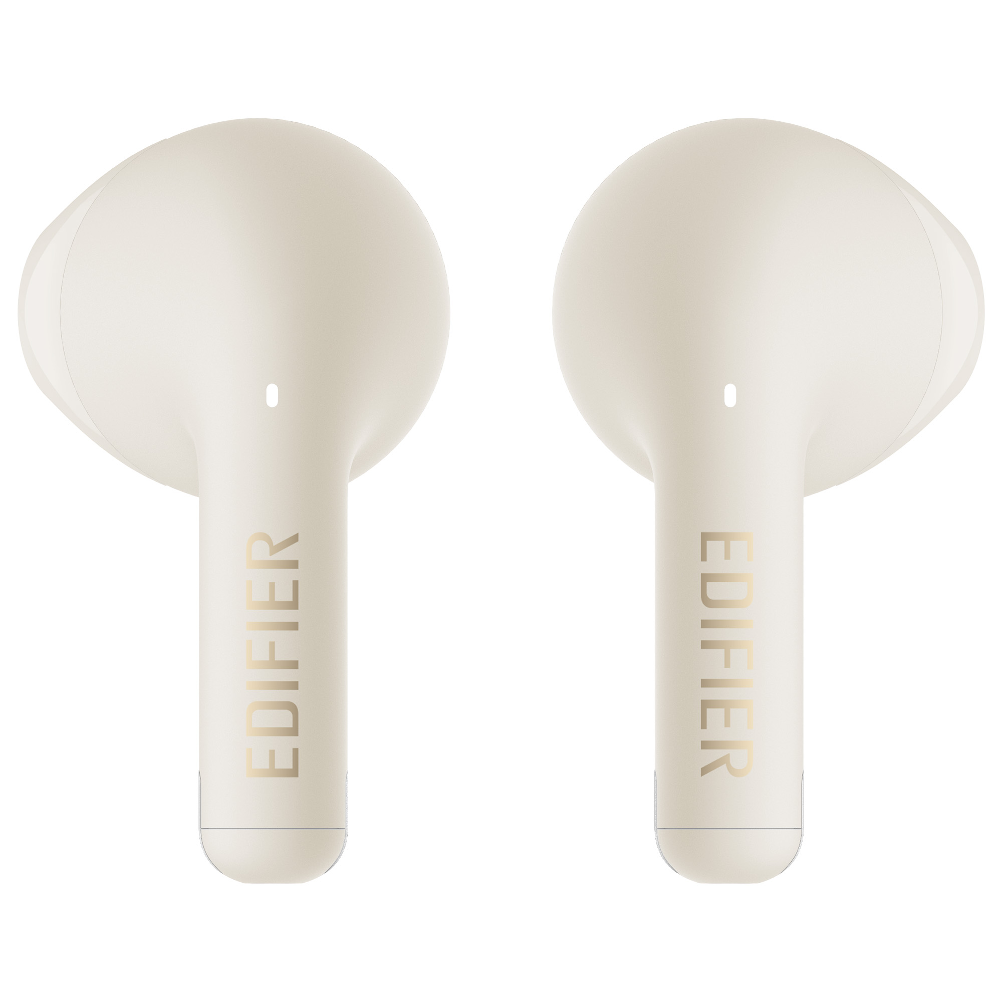 Dwa kremowe słuchawki douszne Edifier na białym tle. Każda słuchawka ma nazwę marki złotymi literami.